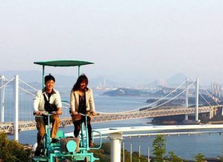 Головокружительный аттракцион «Небесный велосипед» (SkyCycle), Курасики, Япония